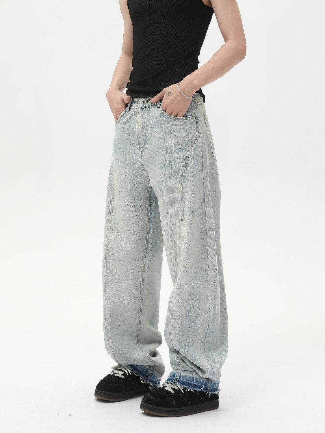 Japanese Brand Men's washed retro wide-leg loose patchwork curved jeans Size US 32 / EU 48 - 5 Thumbnail