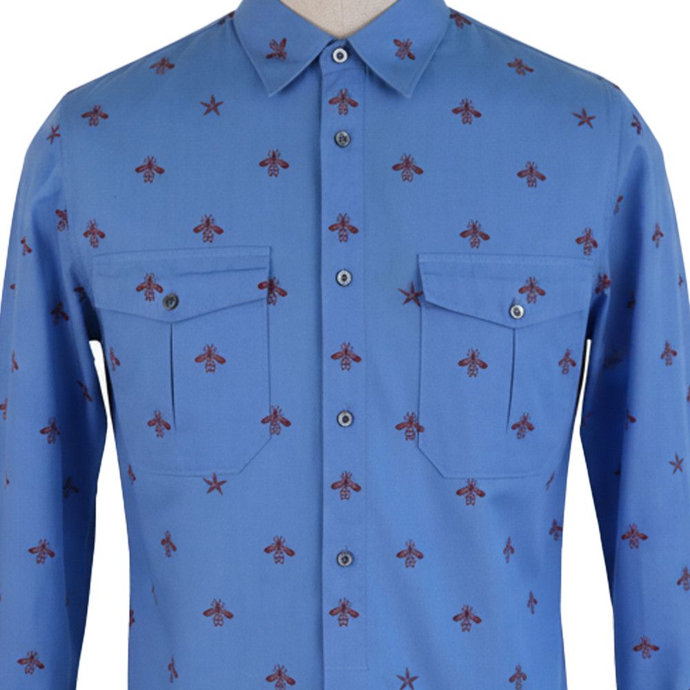 Gucci Gucci Blue Cotton Shirt with Chest Pockets and Red Bee Size US M / EU 48-50 / 2 - 2 Thumbnail