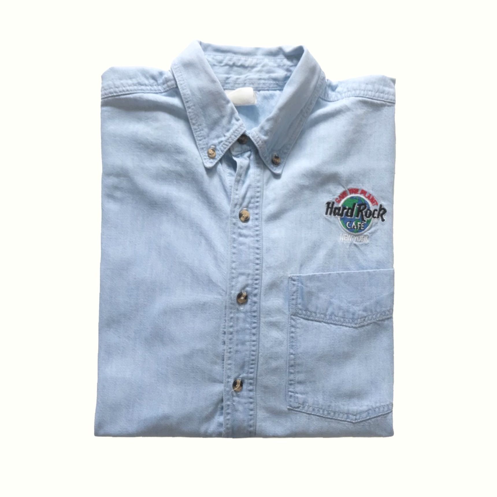 Hard Rock Cafe VINTAGE Hard Rock Cafe Denim Shirt Casual Button-Down XL Men Blue 90s New York Save the Planet Embroidered Button-Up Short/Long Sleeve? Size US XL / EU 56 / 4 - 2 Thumbnail