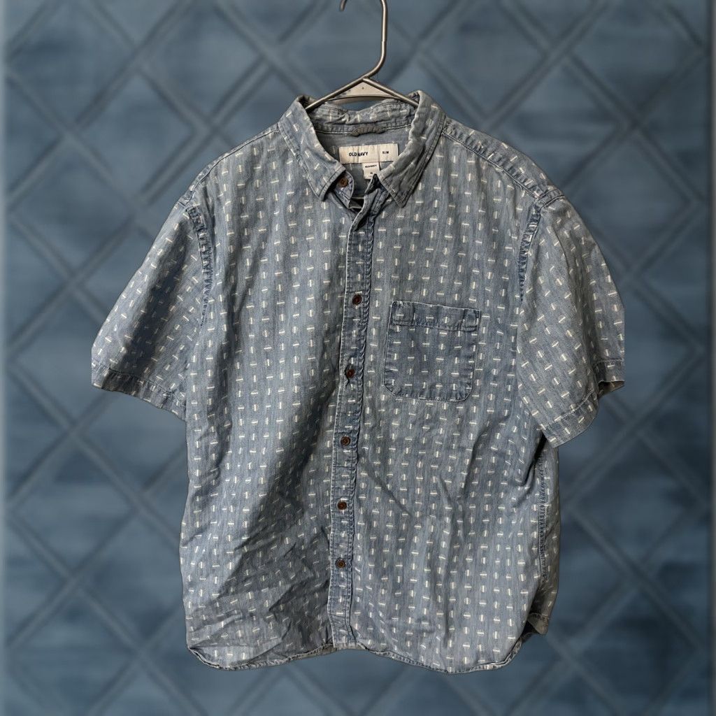 Old Navy OLD NAVY Button-Up Denim Shirt XL Men Blue Geometric Short Sleeve Relaxed Fit Button-Down Casual 90s Vintage Apparel Size US XL / EU 56 / 4 - 1 Thumbnail