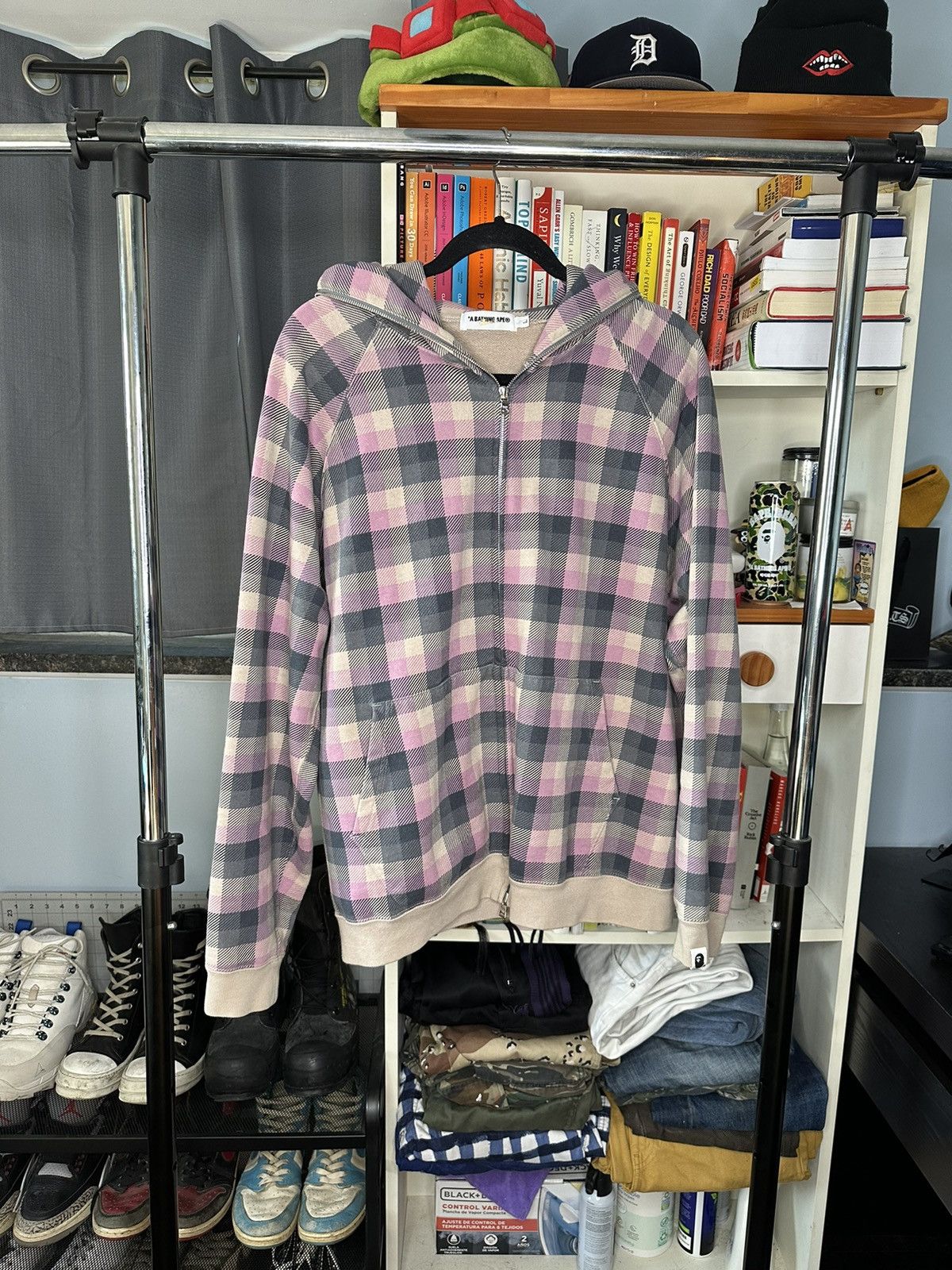 image of Bape Checkered Full Zip Hoodie in Pink, Men's (Size Large)
