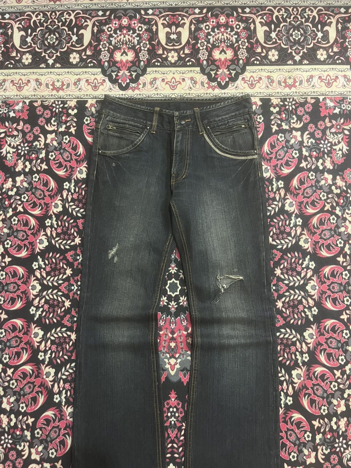 14th Addiction Japanese Custom Culture Dark Washed Distressed Flare Jeans Size US 30 / EU 46 - 3 Thumbnail