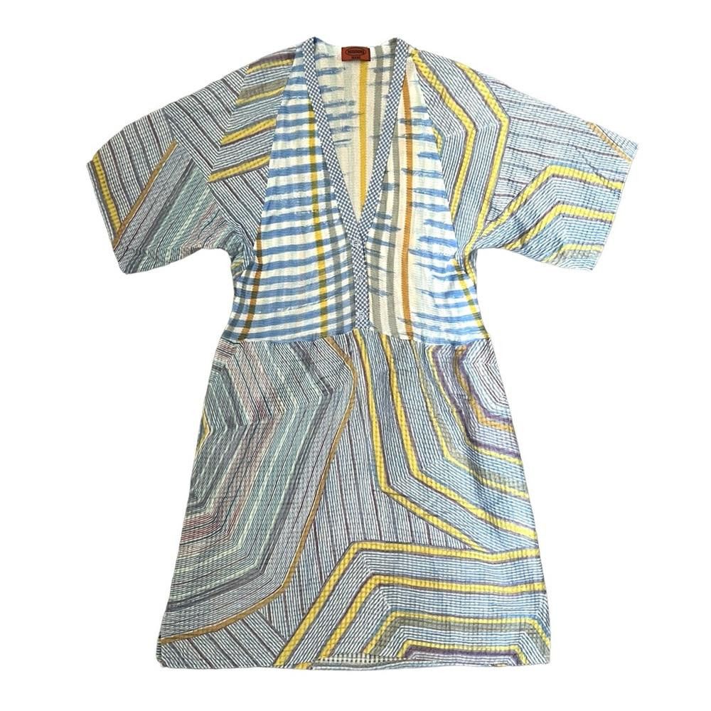 image of Missoni Mare V-Neck Cotton/silk Short Sleeve Mini Dress in Blue, Women's (Size Small)