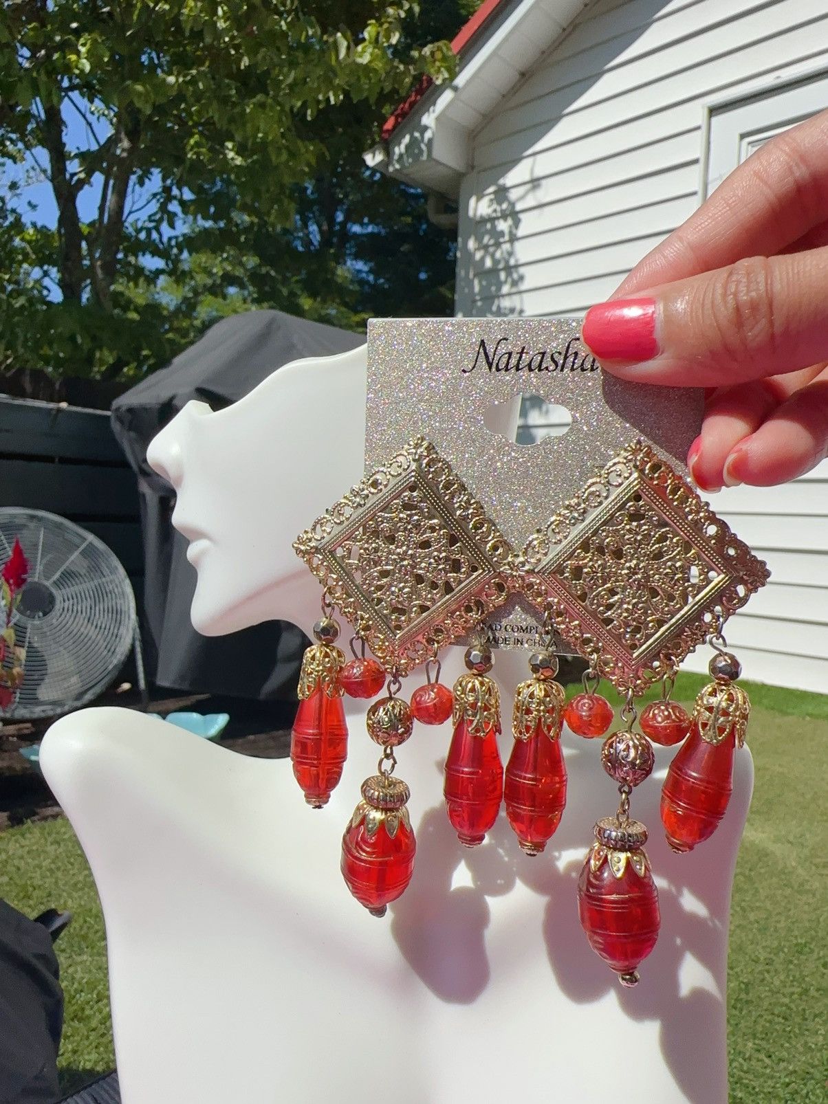 Designer Natasha red resin long beads drops earrings gold Indian Size ONE SIZE - 1 Thumbnail