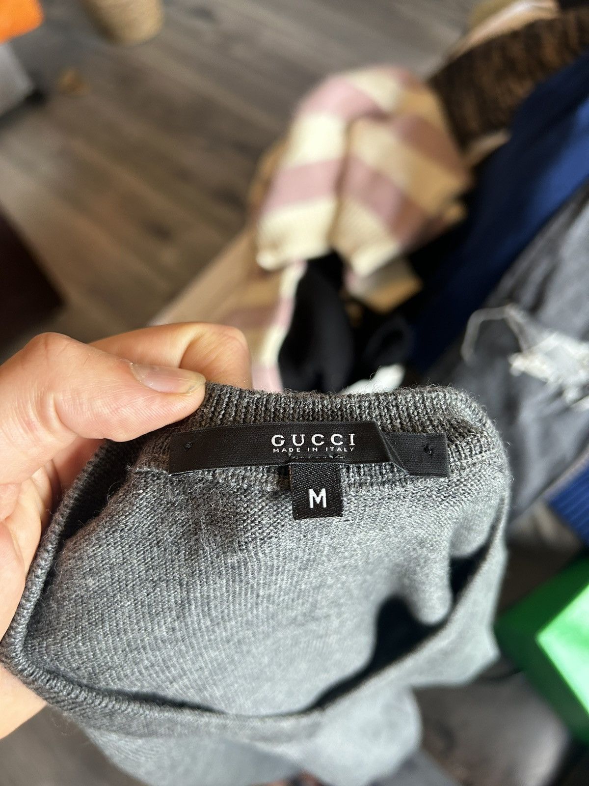 Gucci Grey V-Neck Wool Sweater with Web Arm Detail Size US M / EU 48-50 / 2 - 10 Thumbnail