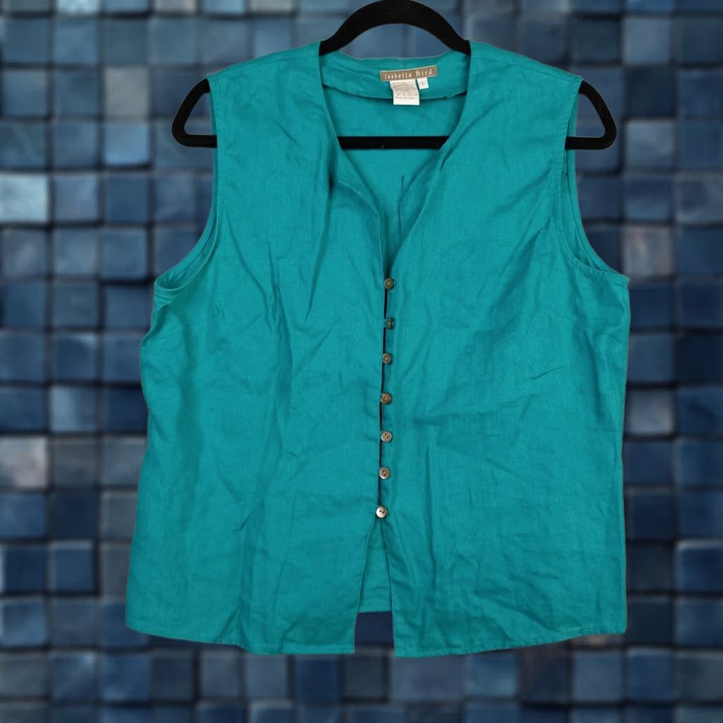Altea ISABELLA BIRD Women's Button-Up Sleeveless Teal Blue L Blouse, V-Neck, Cotton Blend, Casual, Regular Fit, Bird Pattern, All Seasons, Adults, Women Size L / US 10 / IT 46 - 1 Thumbnail