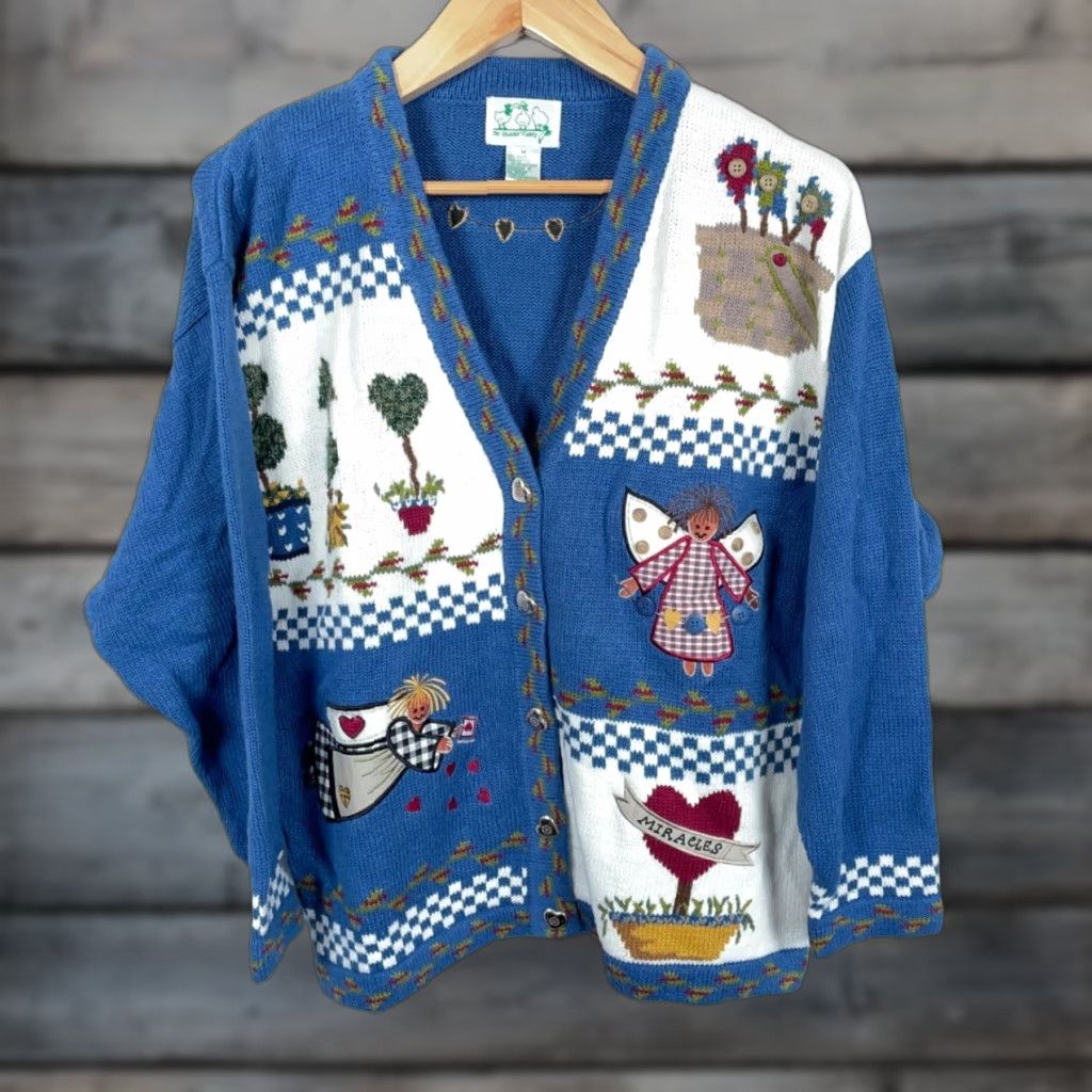 Quacker Factory VINTAGE Quacker Factory Cardigan Womens Medium Blue Angel Plants Grandma Sweater Size M / US 6-8 / IT 42-44 - 1 Thumbnail