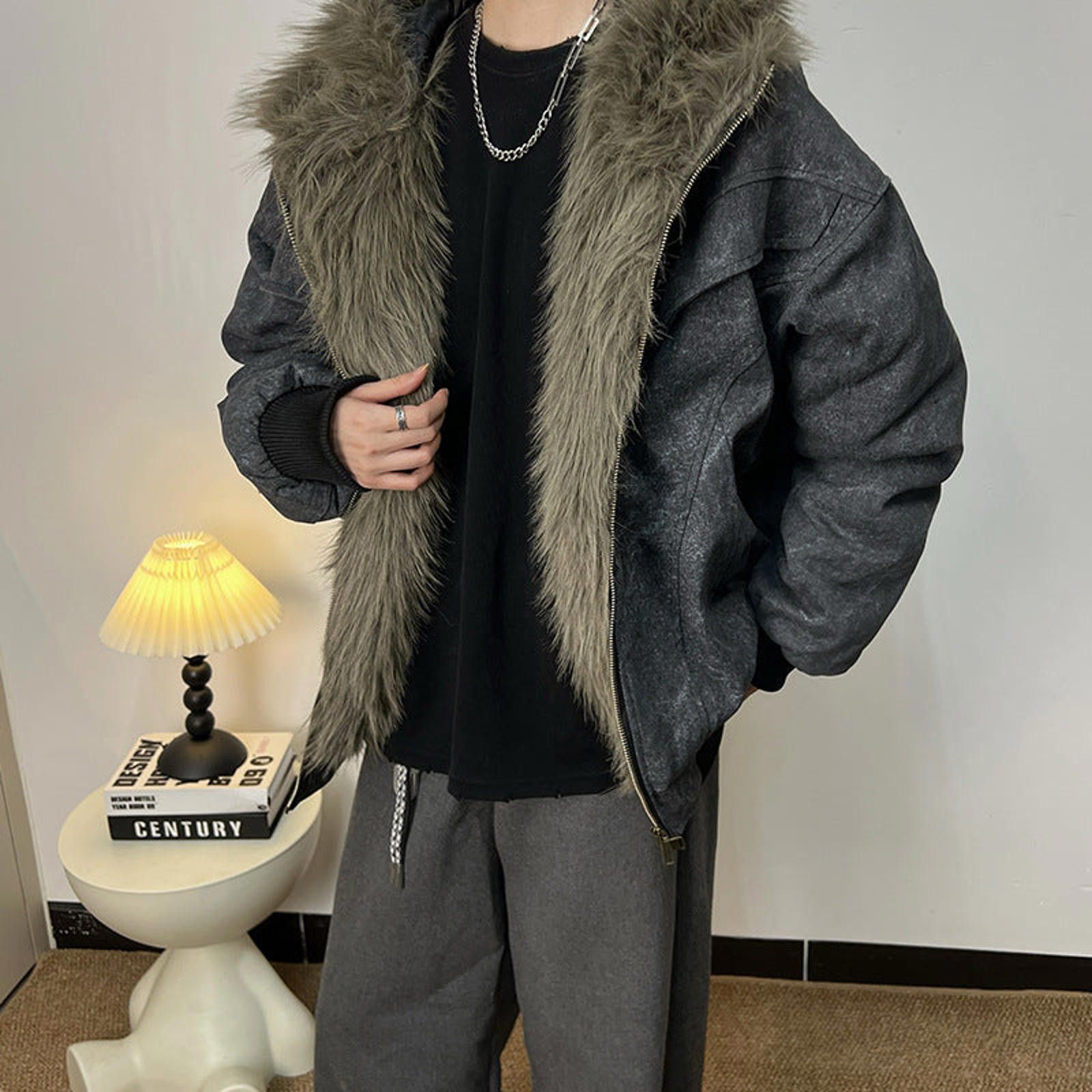 Japanese Brand Gray Hooded Bomber Jacket, Casual Oversized Winter Coat Size US L / EU 52-54 / 3 - 1 Thumbnail