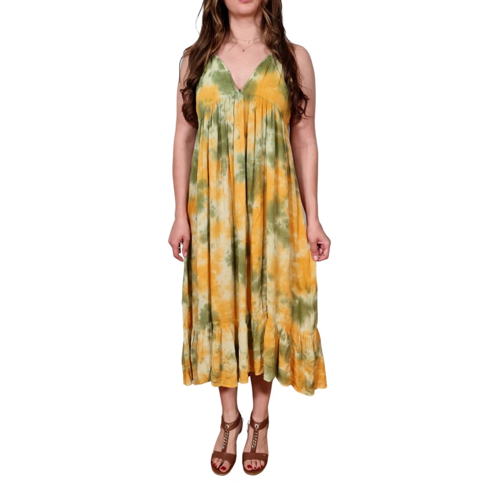 Vintage Pull&Bear Womens Midi Dress Yellow Tie Dye Tiered Sleeveless V-Neck Pullover L UK12 EUR40 Casual Party/Cocktail Travel Womens Size L / US 10 / IT 46 - 4 Thumbnail