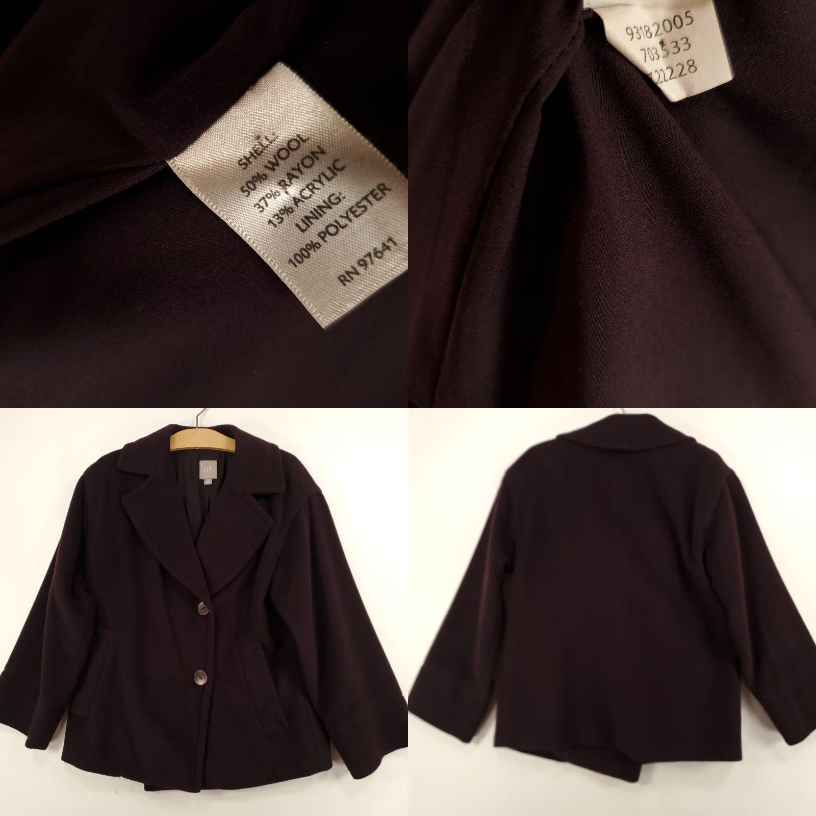 J. Jill J Jill Pea Coat Womens Small Wool Blend Wine Plum Purple Two Button Jacket Lined Size S / US 4 / IT 40 - 8 Thumbnail