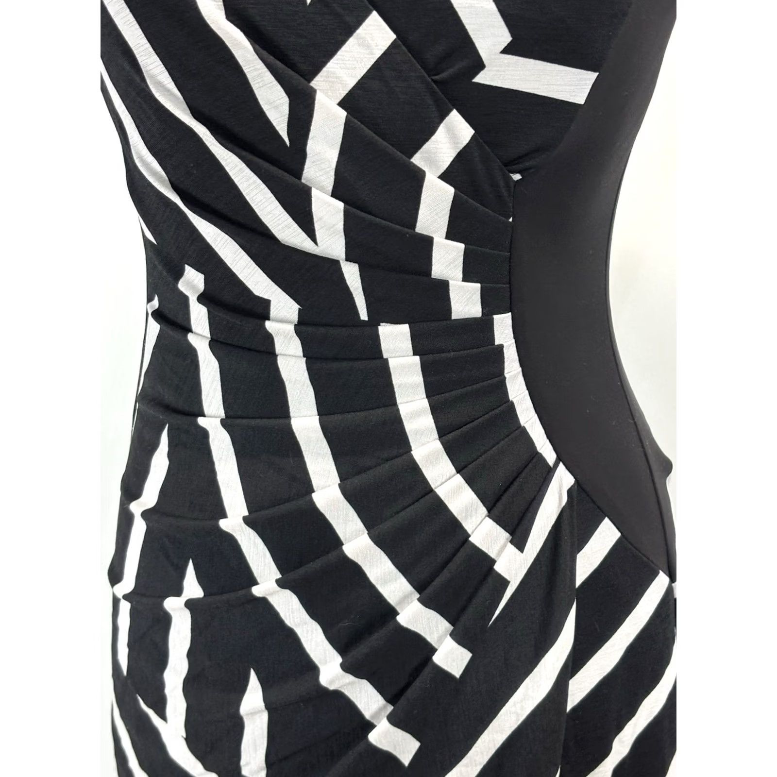 Joseph Ribkoff Joseph Ribkoff Ruched Faux Wrap Dress Womens 8 Sheath Black White Stripe Stretch Shimmer Knee Length V-Neck 3/4 Sleeve Pullover Party Cocktail Size M / US 6-8 / IT 42-44 - 6 Thumbnail