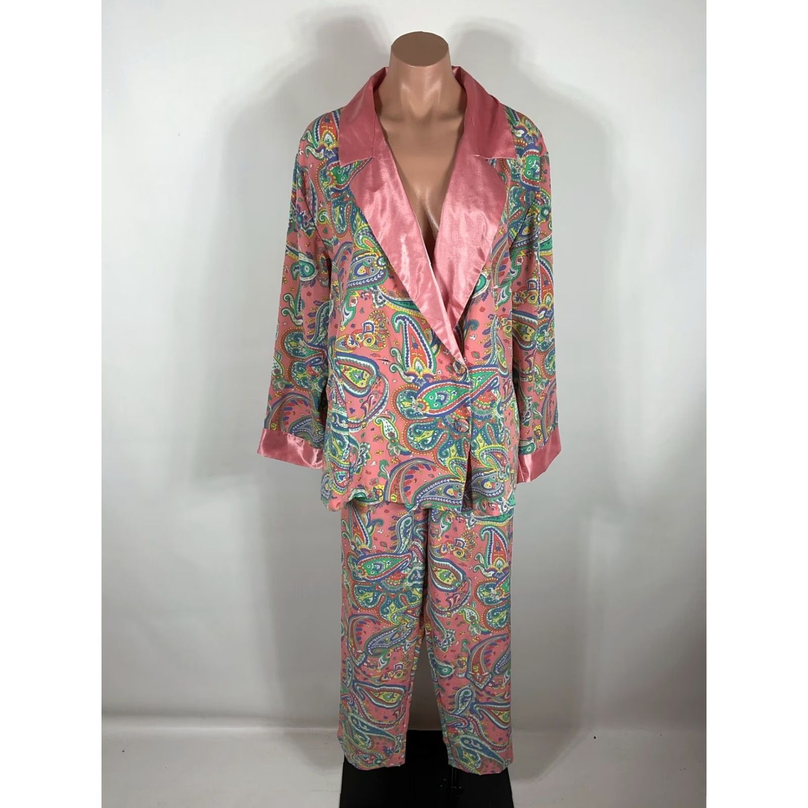 VINTAGE Victoria's Secret Pink Satin Paisley Floral Pajamas Set SZ Large Women Satin Pajamas Set L Pink 90s American Womens