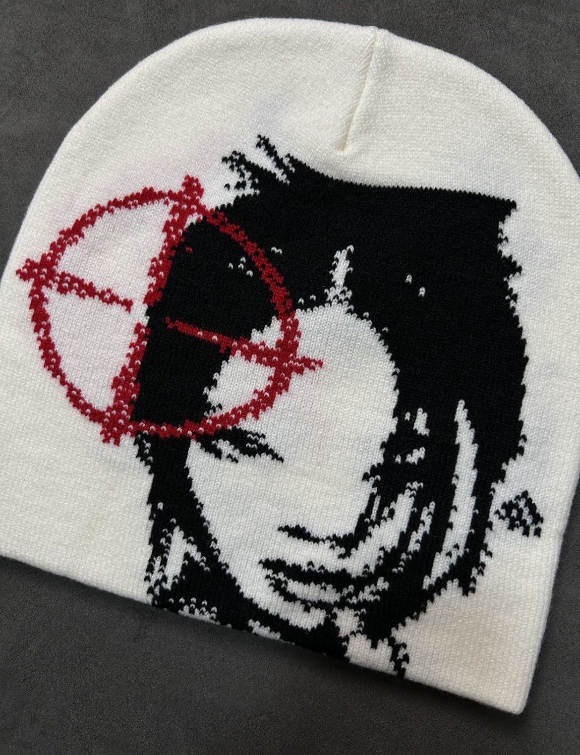 Japanese Brand Anime Girl Target Graphic No Cuff Knit Beanie White Hat OS Size ONE SIZE - 2 Thumbnail
