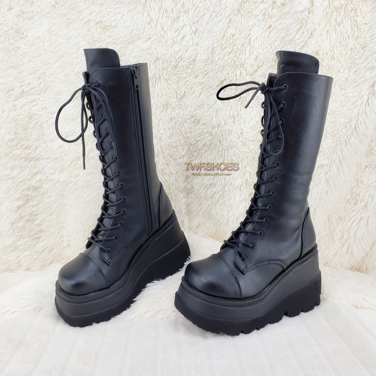 Other DEMONIA Shaker 72 Black Platform 4.5" Wedge Mid Calf Goth Pu Size US 7 / IT 37 - 3 Thumbnail