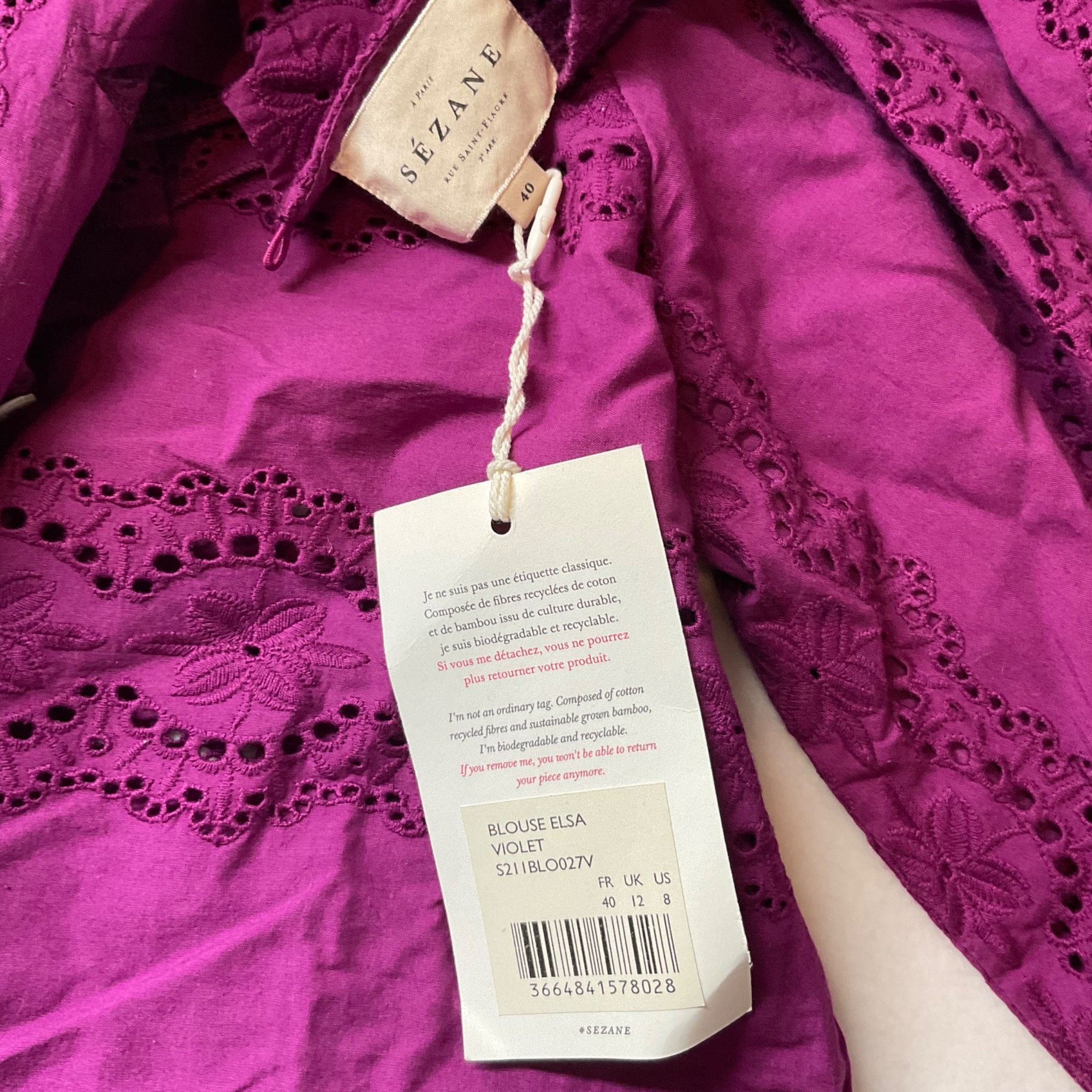 Sezane NWT Sezane Elsa Embroidered cotton Eyelet purple Top blouse Size M / US 6-8 / IT 42-44 - 3 Thumbnail