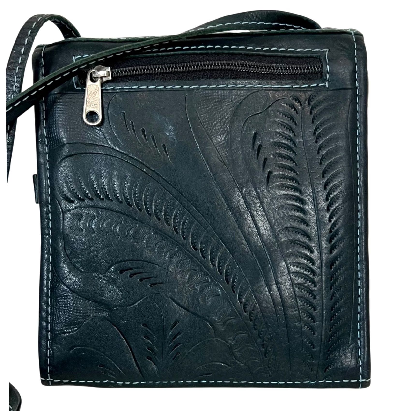 Vintage J.L. Saldivar Tooled Leather Purse Trifold Crossbody Boho Western Blue Womens Crossbody Purse Size ONE SIZE - 6 Thumbnail