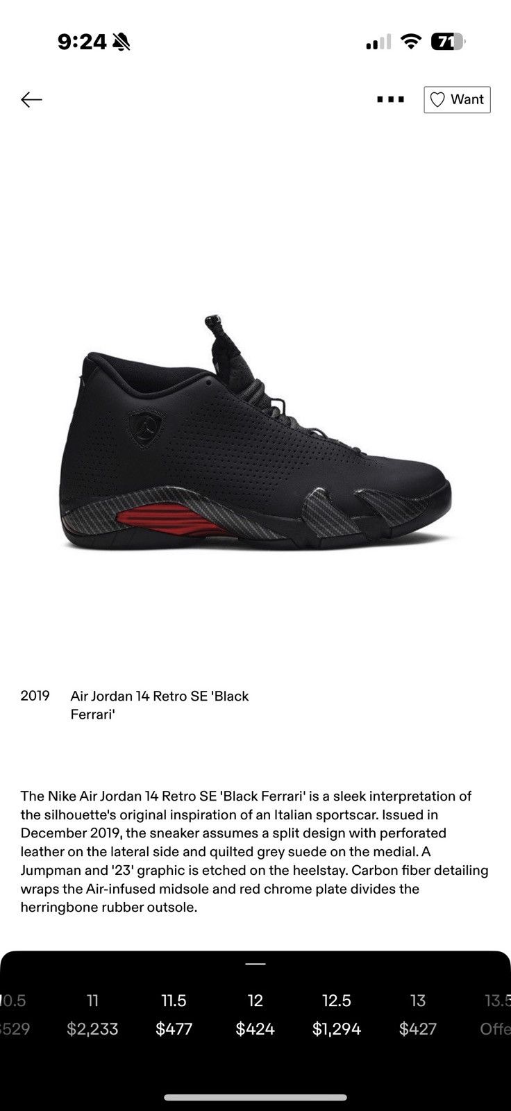 Jordan Brand Nike Air Jordan 14 Retro SE 'Black Ferrari' Size US 13 / EU 46 - 7 Thumbnail