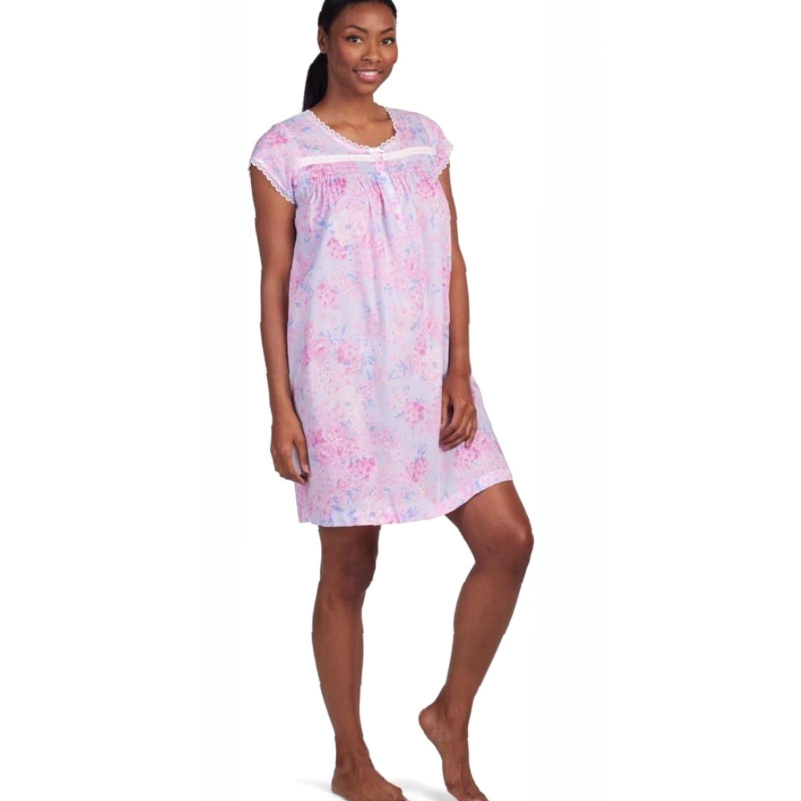 Vintage Miss Elaine Nightgown Floral Pink Blue Knit Cotton L Women Short Cap Sleeves Pullover NWT Large Size ONE SIZE - 5 Thumbnail