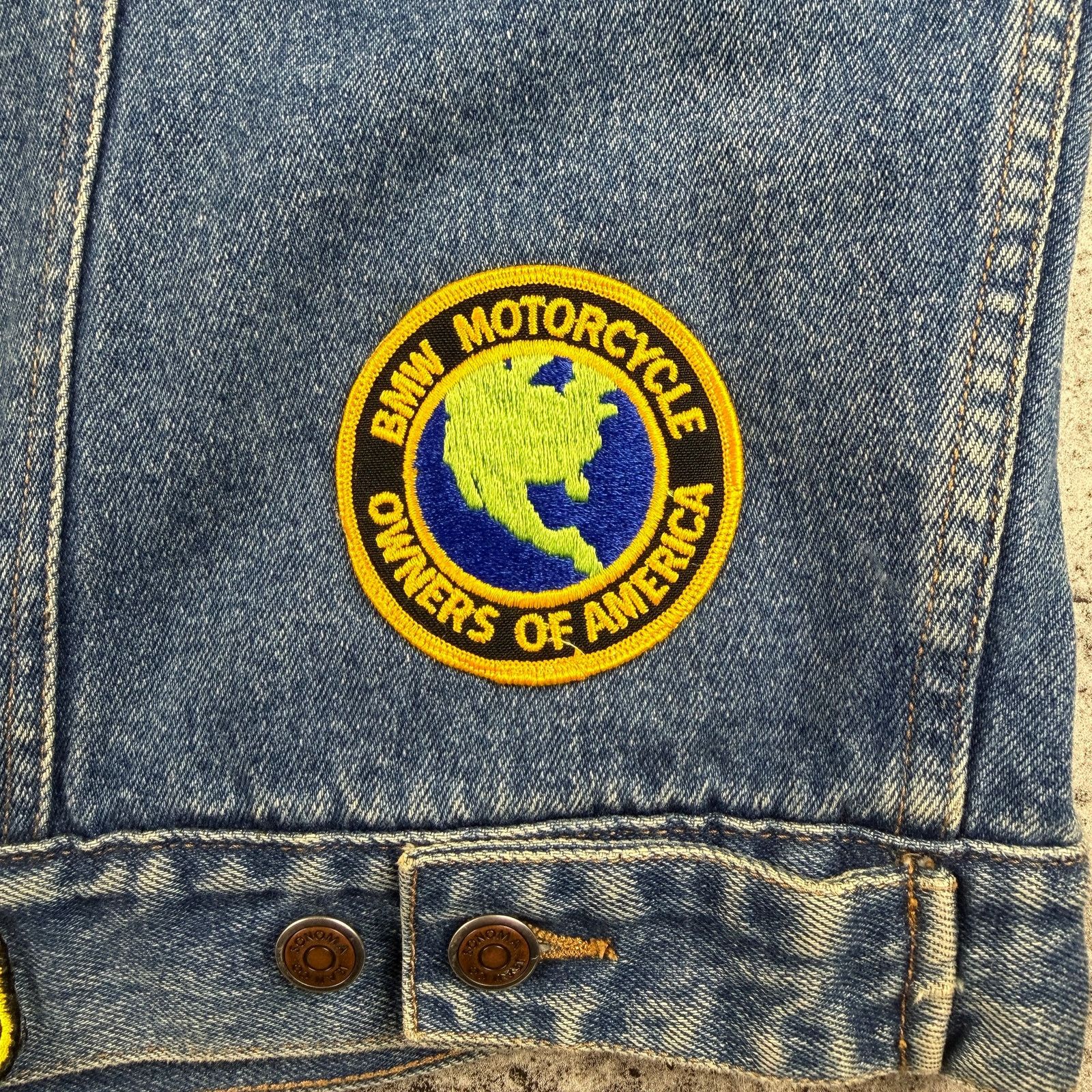 Sonoma Vintage Biker Jean Jacket Flannel Lined Patches & Pins Size US L / EU 52-54 / 3 - 9 Thumbnail