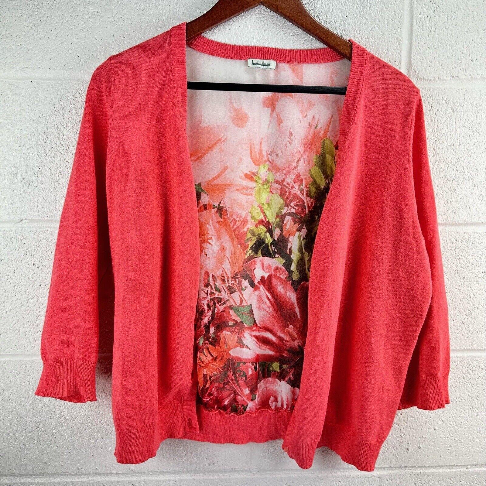 Neiman Marcus Neiman Marcus Coral V-Neck Knit Chiffon Cardigan Sweater S Size S / US 4 / IT 40 - 3 Thumbnail