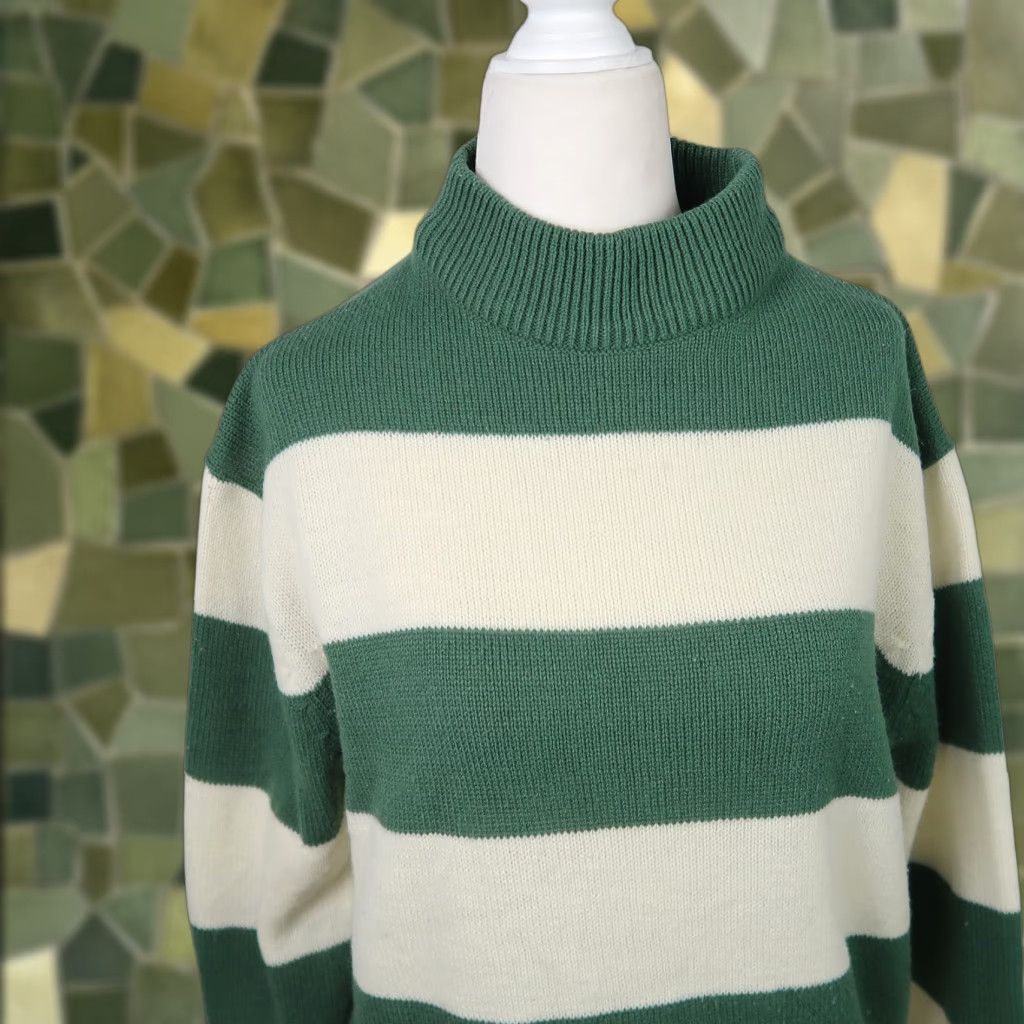 Vintage VINTAGE 80s Atkinson Cream and Green Striped Mockneck Pullover Sweater M Womens Menstrual? Size M / US 6-8 / IT 42-44 - 1 Thumbnail