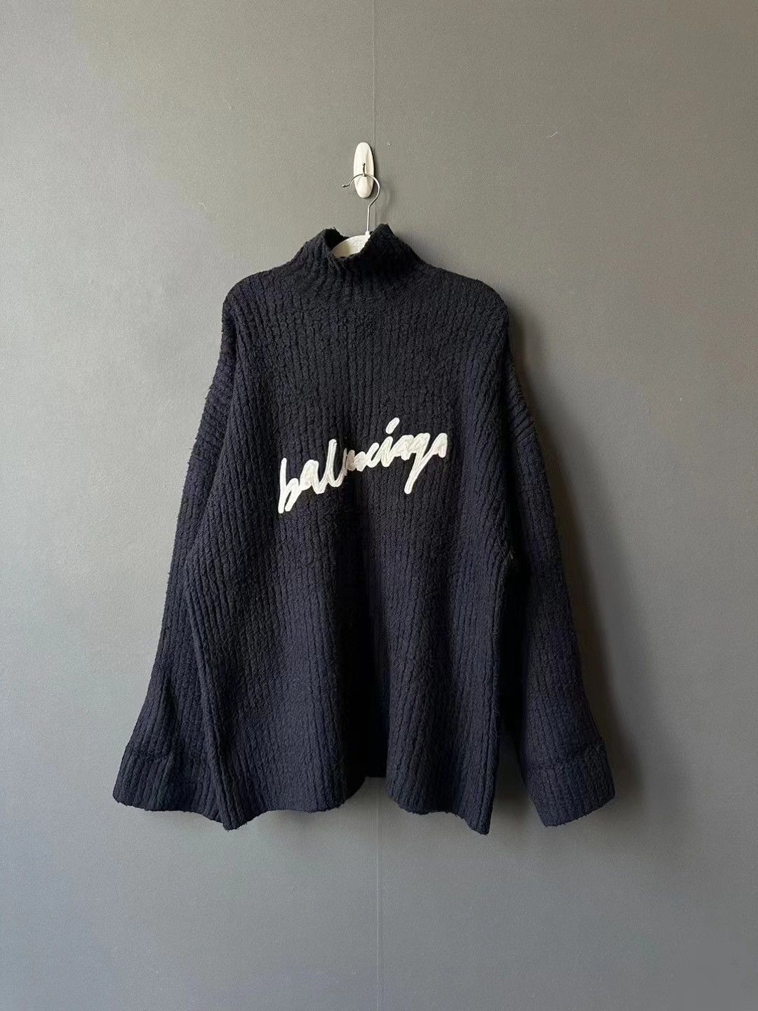 Image of Balenciaga Navy Oversized Signature Logo Turtleneck, Men's (Size XS)