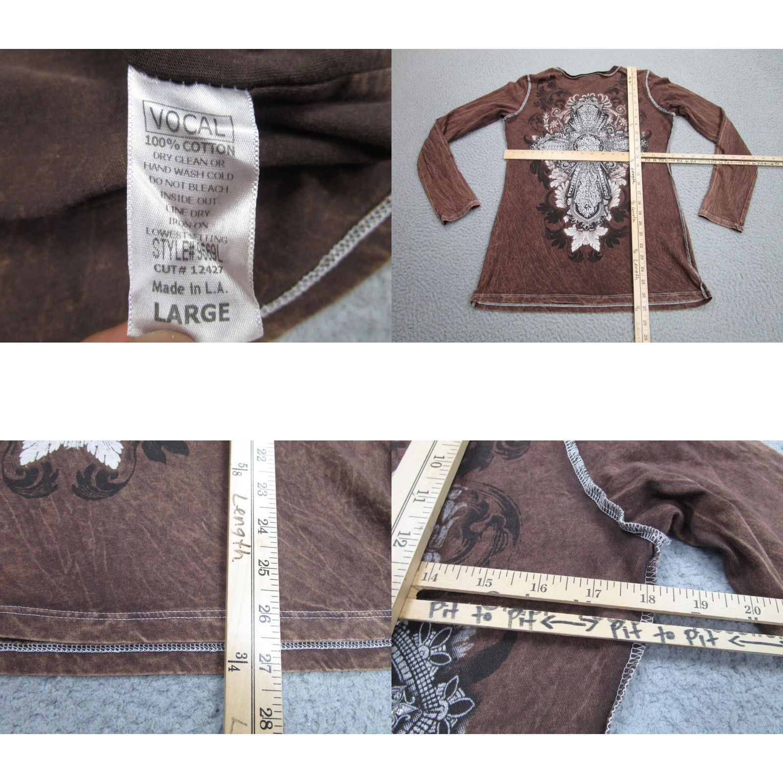Vintage Vocal Shirt Womens L Brown Rhinestone Cross V-neck Made USA y2k Mall Cyber goth Shirt Woman Long Sleeve Tunic Size L / US 10 / IT 46 - 8 Thumbnail