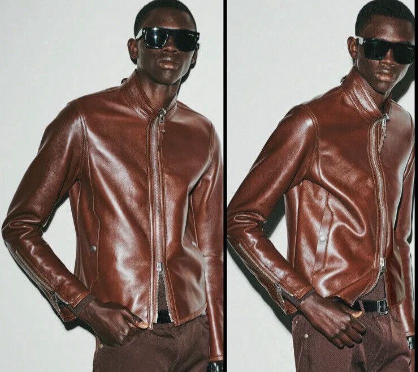 Tom Ford Tom Ford Plongé Leather Racer Jacket TFL717-BU401 Brown Size US XXL / EU 58 / 5 - 1 Thumbnail