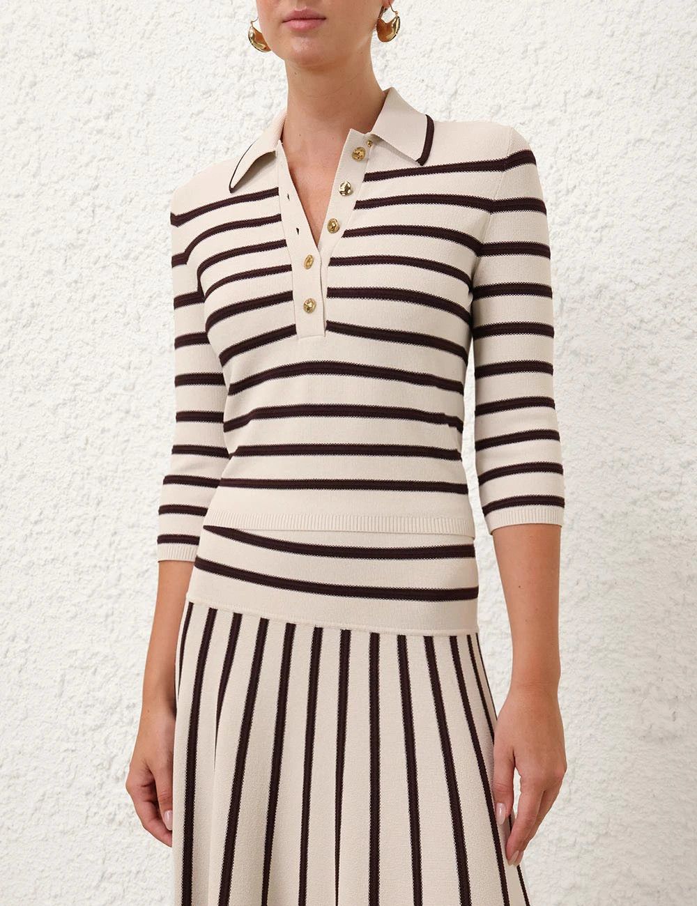 Zimmermann oc11z0226 Illuminate Stripe Polo Shirt In Cream/Chocolate Size L / US 10 / IT 46 - 2 Thumbnail