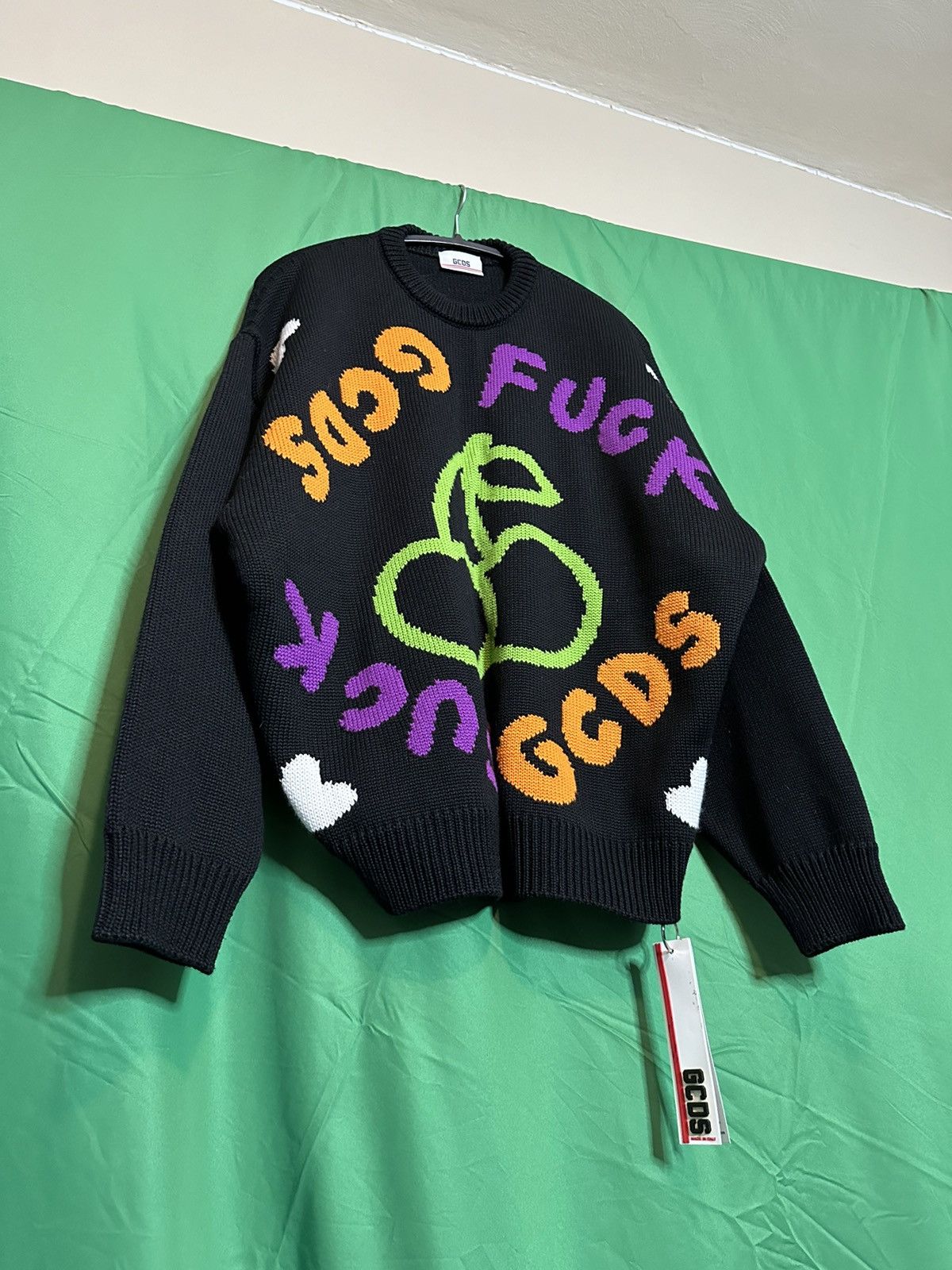 GCDS FUCK jacquard cherry thick knit black logo sweater NWT Size US M / EU 48-50 / 2 - 15 Thumbnail