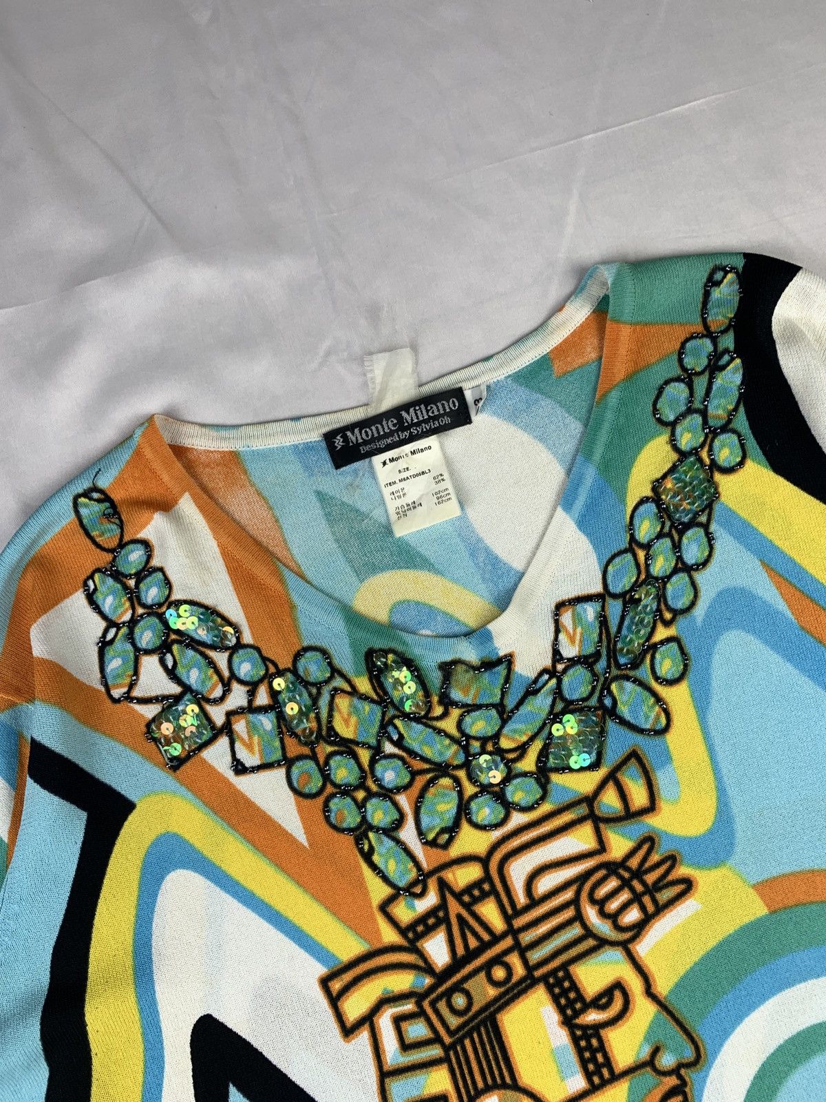 Japanese Brand y2k Monte Milano Ethnic Art Graphic Sequin Beady Mesh Top Size L / US 10 / IT 46 - 7 Thumbnail