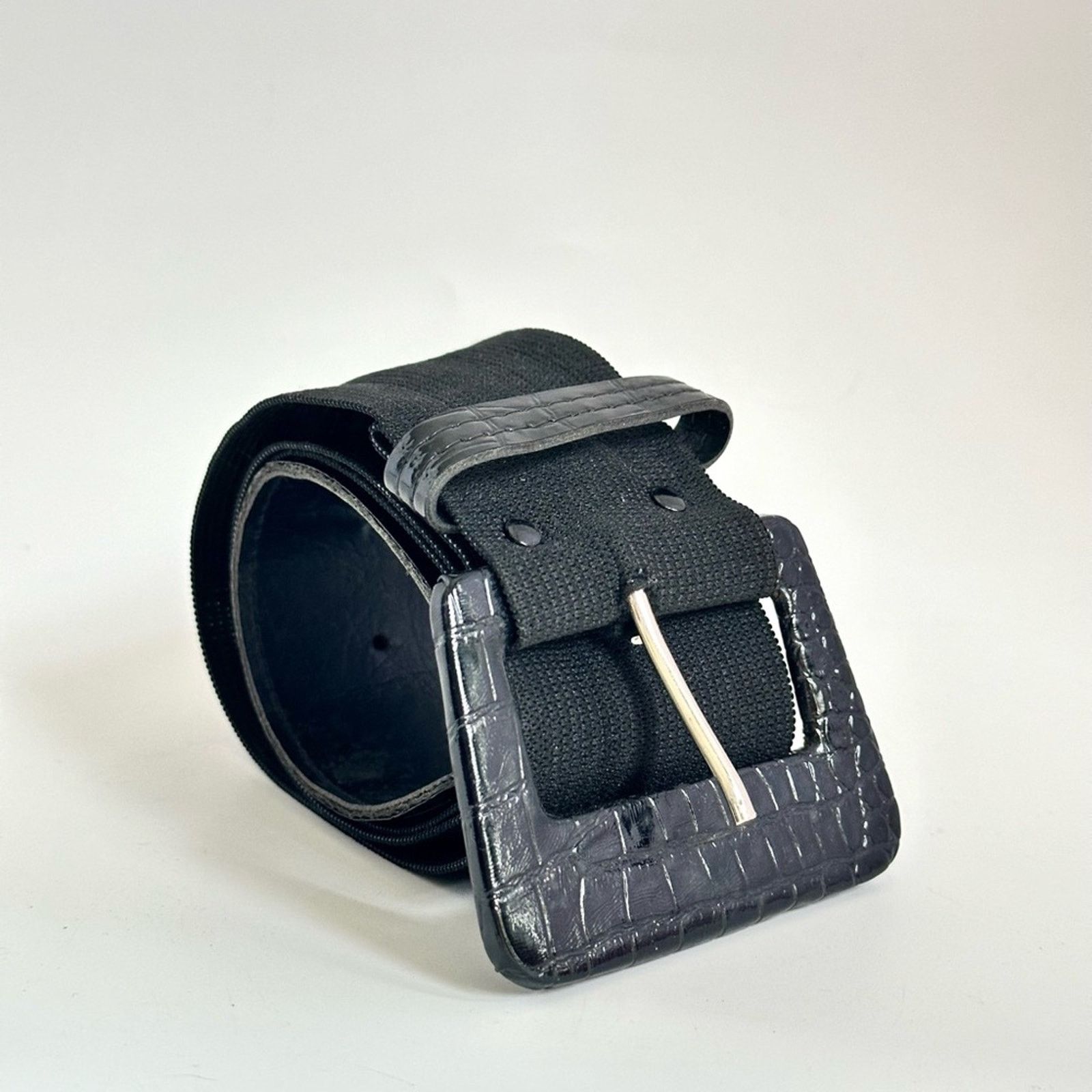 Vintage Vintage 80’s Black Faux Croc Shiny Buckle Stretch Belt Size ONE SIZE - 1 Thumbnail
