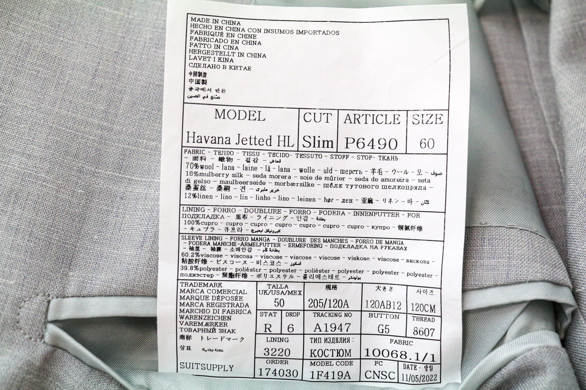 Suitsupply HAVANA JETTED UK50R Grey Wool Silk Linen Suit 75296 Size 50R - 6 Thumbnail
