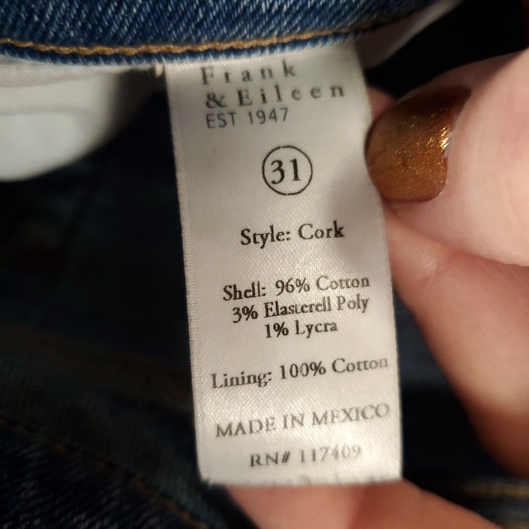 Frank & Eileen FRANK & EILEEN Cork Jeans Womens 31 Blues Denim Ankle 5-Pocket Stretch Cotton Spandex Regular Zip Button Vintage? No. Size 24" / US 00 / IT 34 - 6 Thumbnail