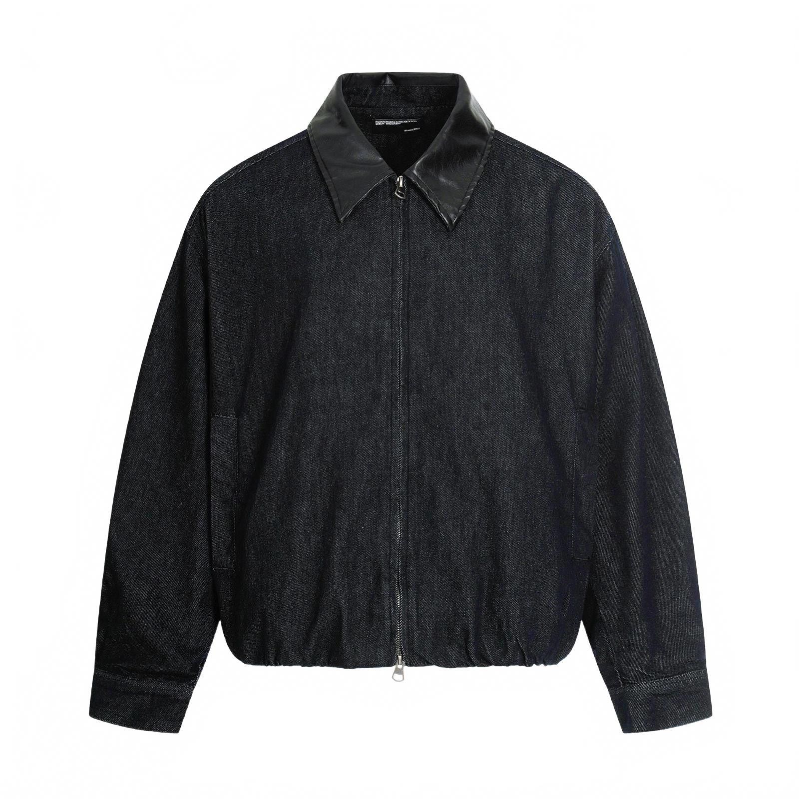 Black Oversized Denim Jacket with Leather Collar