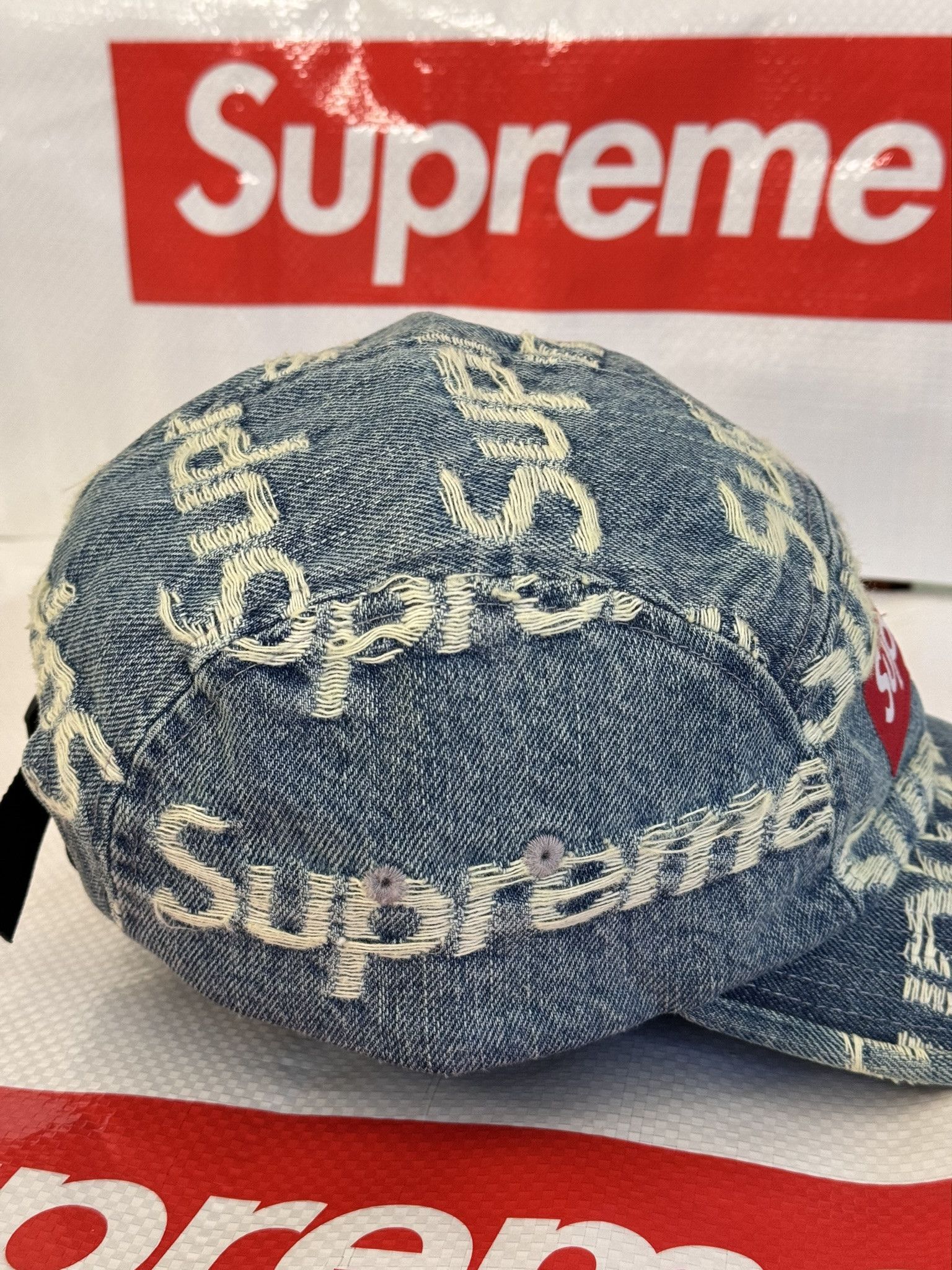 Supreme Supreme Frayed Logos Denim Camp Cap Blue hat | Grailed