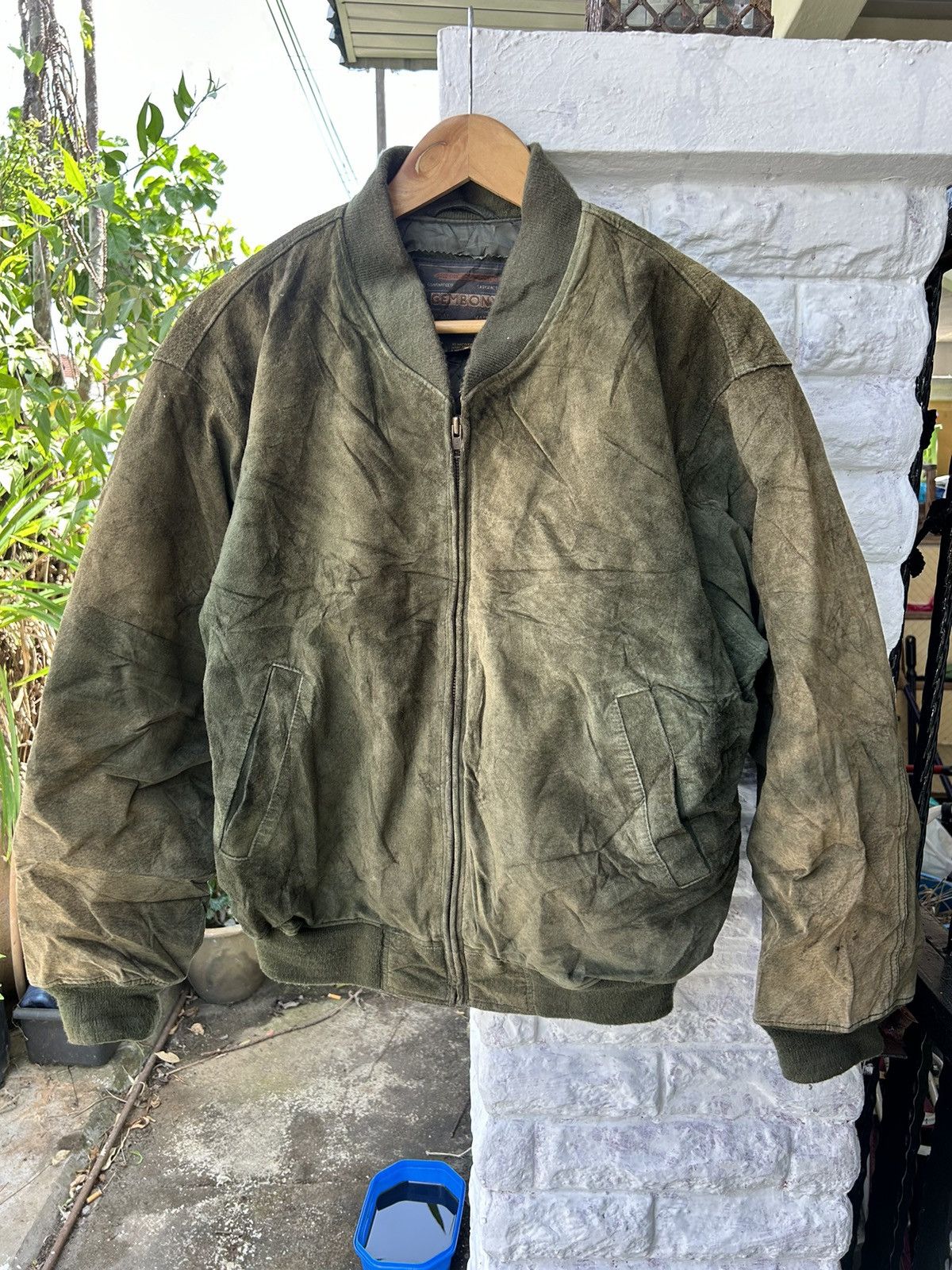 image of Vintage Gembony Suede Leather Bomber Jacket in Green, Men's (Size Medium)