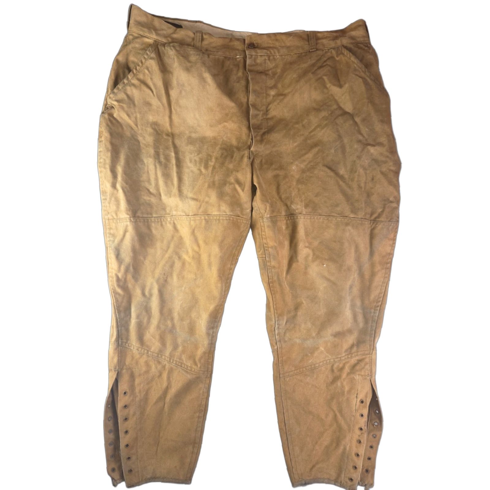 VINTAGE Drybak Pants Mens 38 Canvas Breeches Hunting Jodhpurs Tie Distressed Workwear 1940s Brown Men Sizing Regular Peg/Tapered 38 Inseam 24