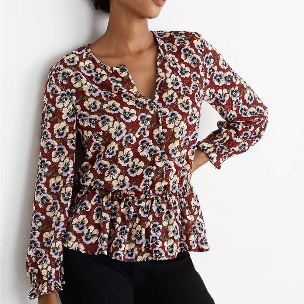Madewell Madewell l Drawstring Ruffle-Hem Top in Viola Floral Size XS Size XS / US 0-2 / IT 36-38 - 2 Thumbnail