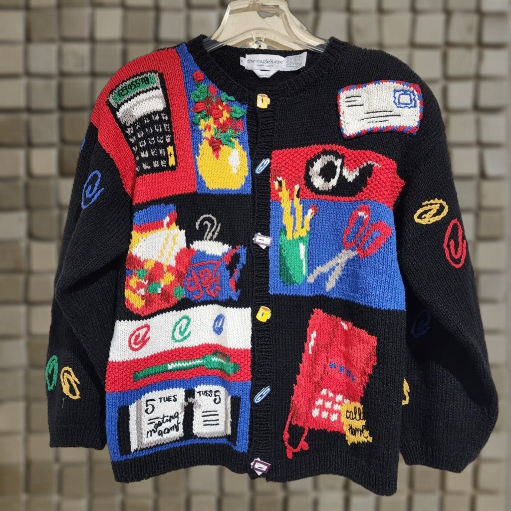 VINTAGE The Eagle's Eye Cardigan Sweater Knit Shirt Women XL Multicolor School 90s Buttons Fall Winter Spring Mens? Girls? Wait.