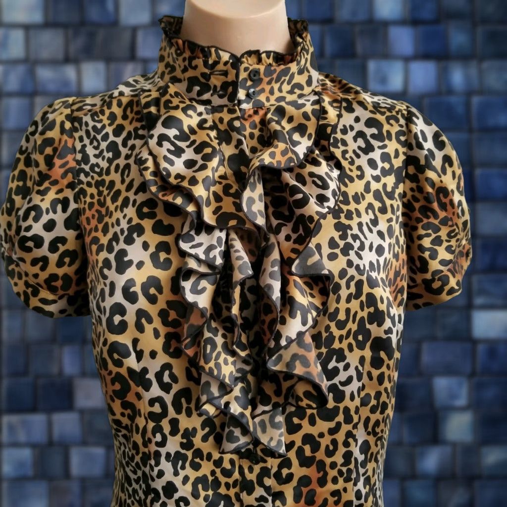 Worthington Worthington Blouse Button-Up Animal Print Career S M Multicolor Short Cap Sleeve High Neck Ruffle Women Size Small Size S / US 4 / IT 40 - 1 Thumbnail