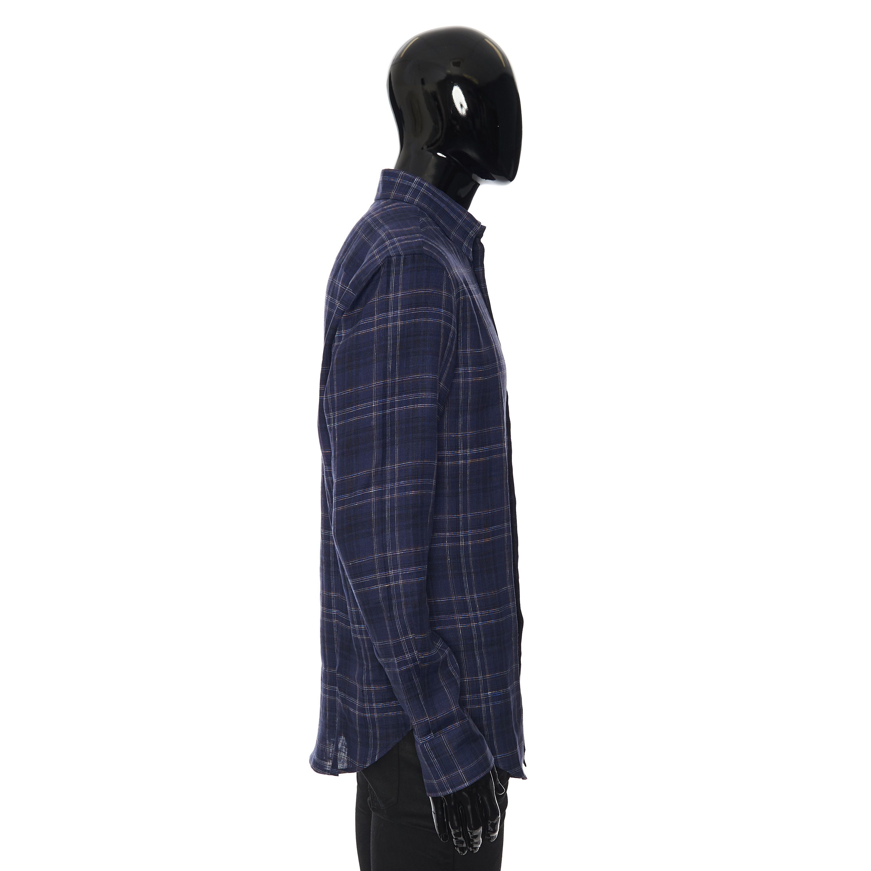 Brioni Longsleeve Fitted Shirt In Checked Blue Linen Size US M / EU 48-50 / 2 - 7 Thumbnail