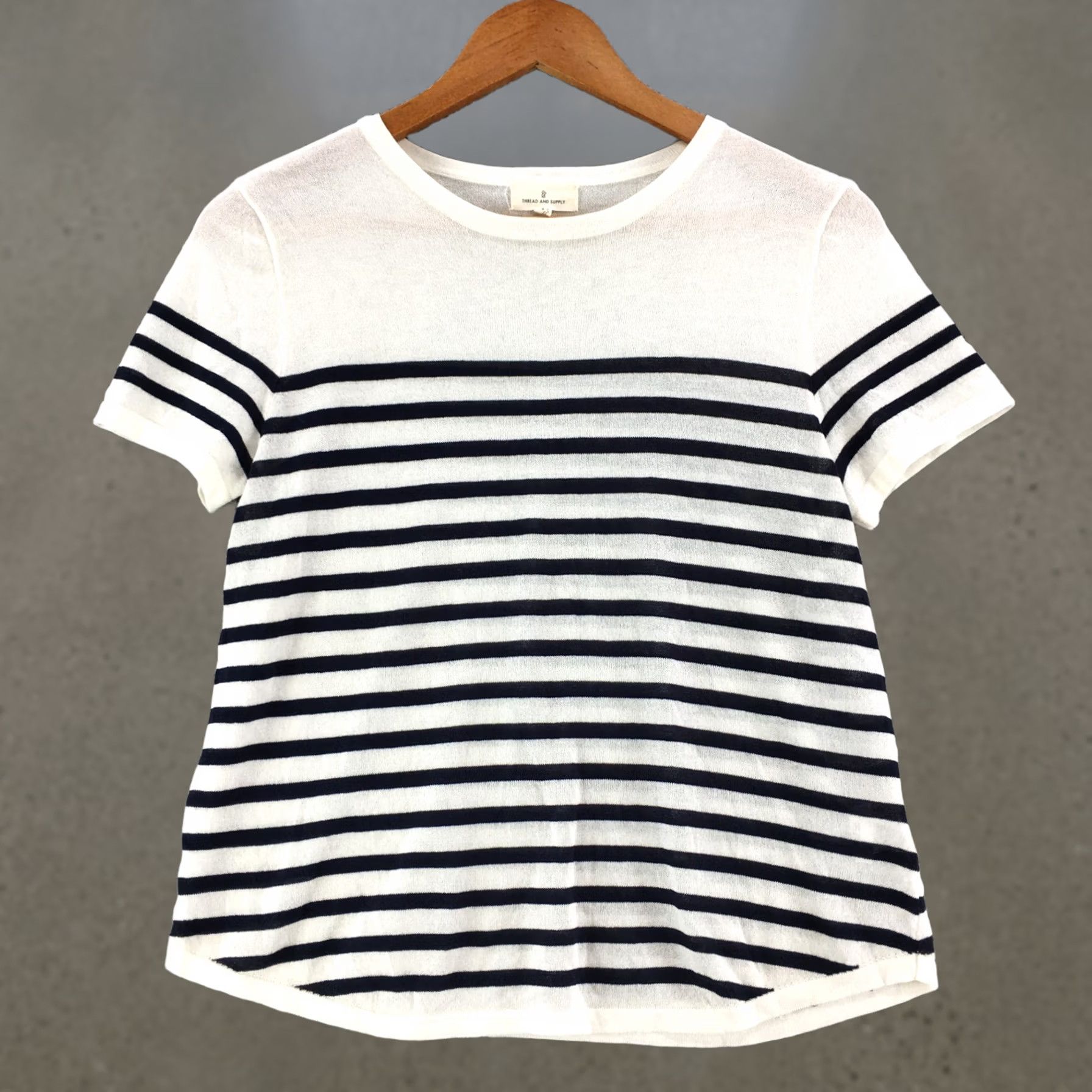 Vintage Thread And Supply Basic Blouse Tee Womens Small Black & White Round Neck Striped Shirt Short Sleeve Womens Small Black White Round Neck Striped Size S / US 4 / IT 40 - 1 Thumbnail