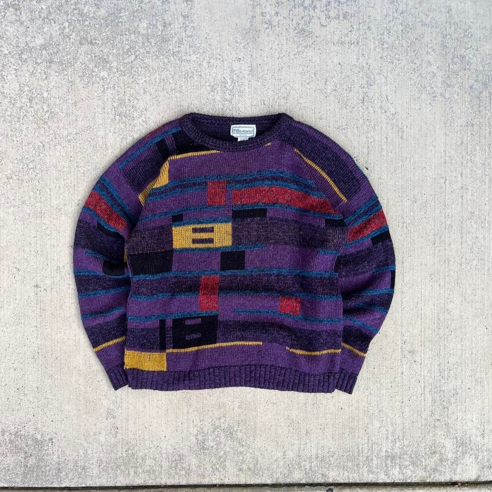 Milestone MileStone 80’s Purple Geometric Pattern Pullover Sweater Size US M / EU 48-50 / 2 - 1 Thumbnail