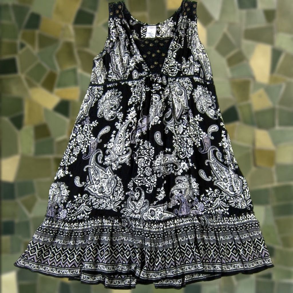 Vintage Forbidden Dress Beaded Midi Tank Sun Black 100% Rayon Floral V-Neck Pullover Women M Size M / US 6-8 / IT 42-44 - 1 Thumbnail
