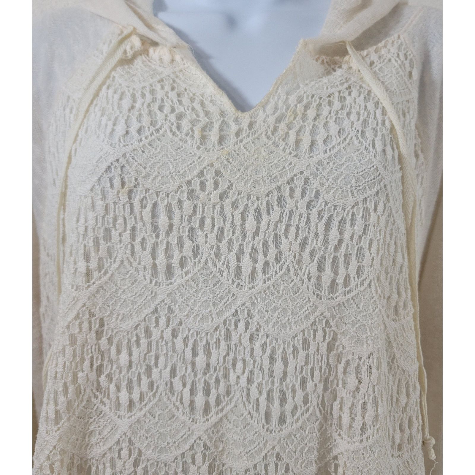 Other New Directions Beige Lace Overlay Slub Knit Hoodie Top XL Size XL / US 12-14 / IT 48-50 - 5 Thumbnail