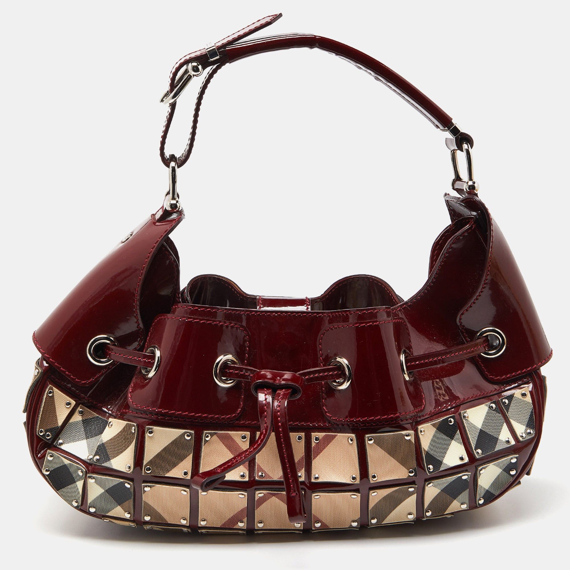 image of Burberry Red/beige Super Nova Check Mini Warrior Studded Hobo, Women's