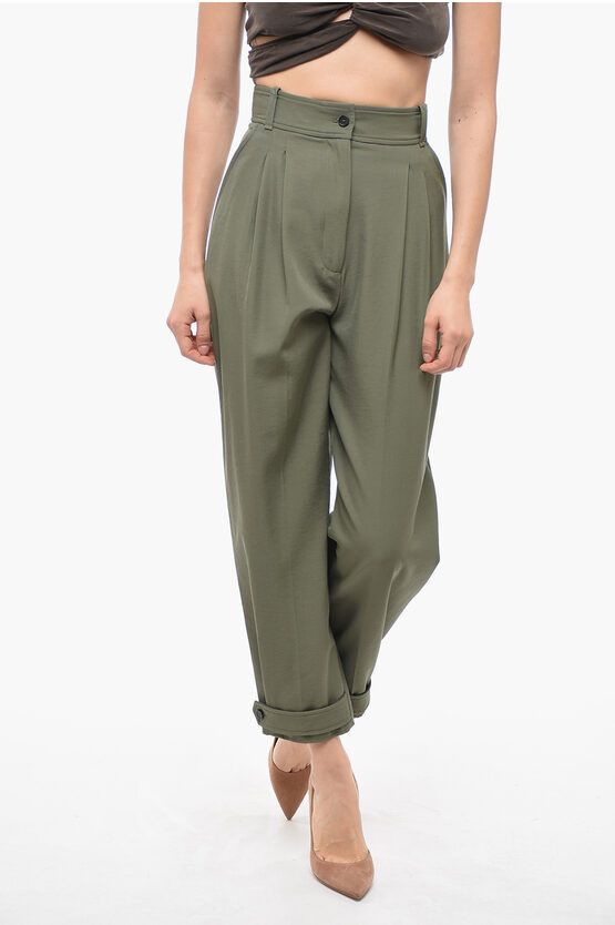 image of Alexander Mcqueen Double-Pleated Wool Blend Pants With Cuffs in Military Green, Women's (Size 26)