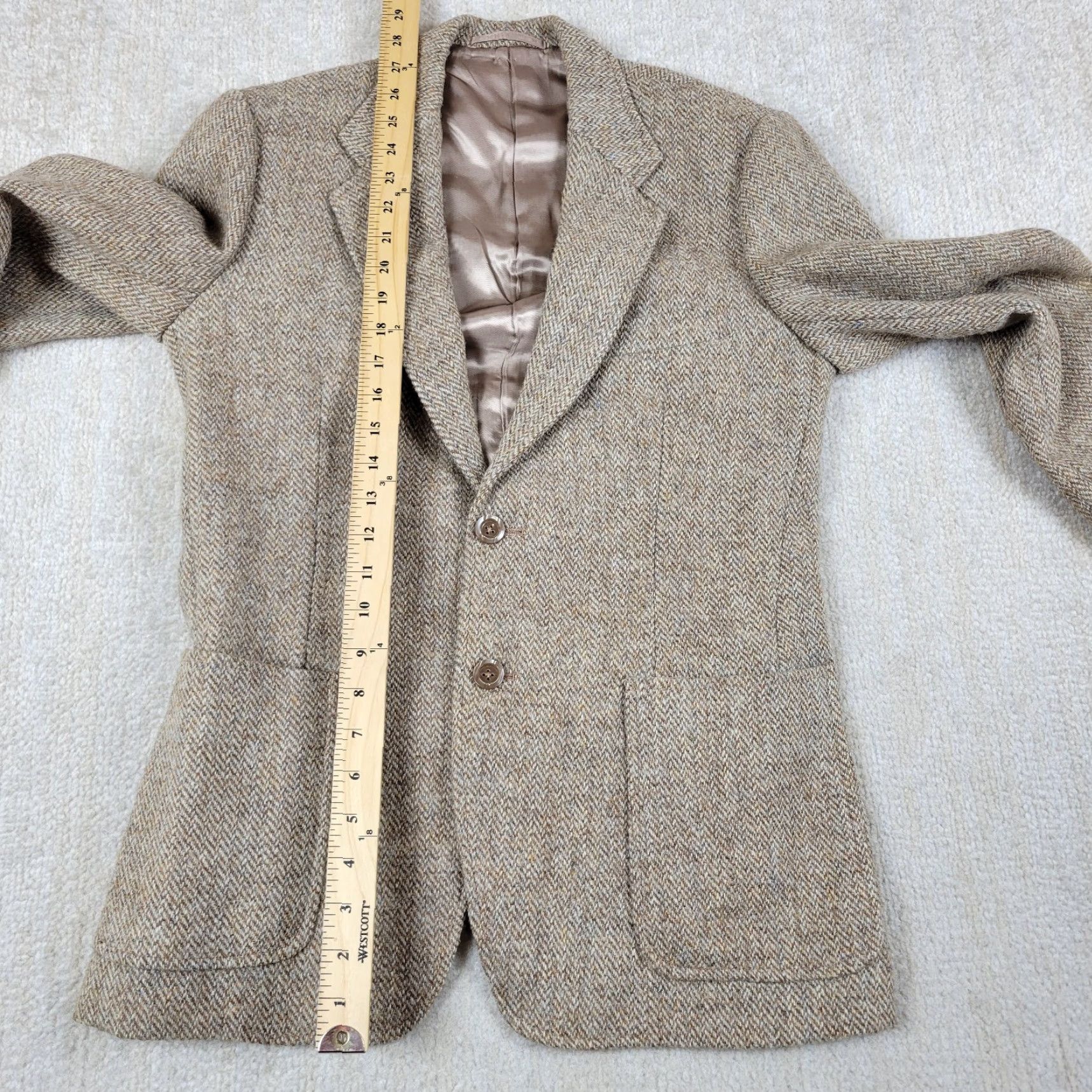 Harris Tweed VTG Harris Tweed Blazer Jacket Mens 38 Beige Herringbone Wool Lined 80s Vintage Classic Wedding Notch Single-Breasted Two-Button Size 38R - 5 Thumbnail