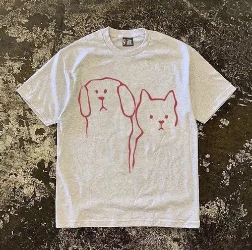 Vintage Loose Cat and Dog Print Short Sleeve T-Shirt in Light Grey Size US XL / EU 56 / 4 - 2 Thumbnail